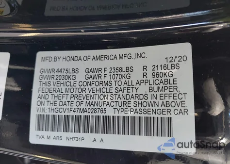 2021 Honda Accord Sport Special Edition from USA, damaged, VIN 1HGCV1F47MA028765